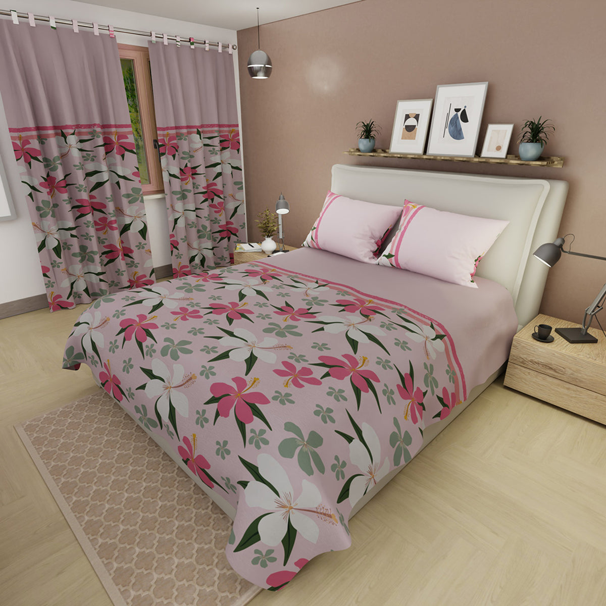 Juego de sábanas Jungla para cama doble rosado con cortina en microfibra 140x190 cm