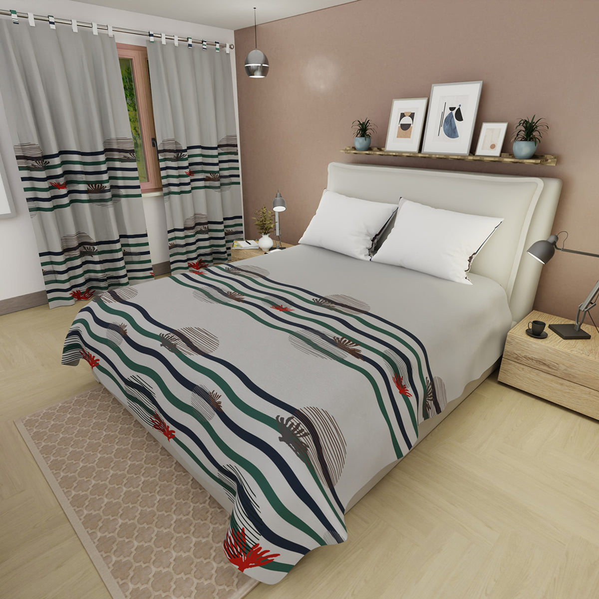 Juego de sábanas Palma para cama doble gris en microfibra con cortina 140x190 cm