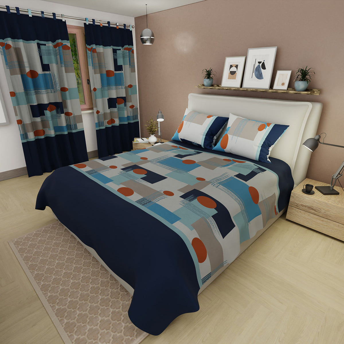 Juego de sábanas Artistic Studio para cama doble blanco y azul con cortina en microfibra 140x190 cm