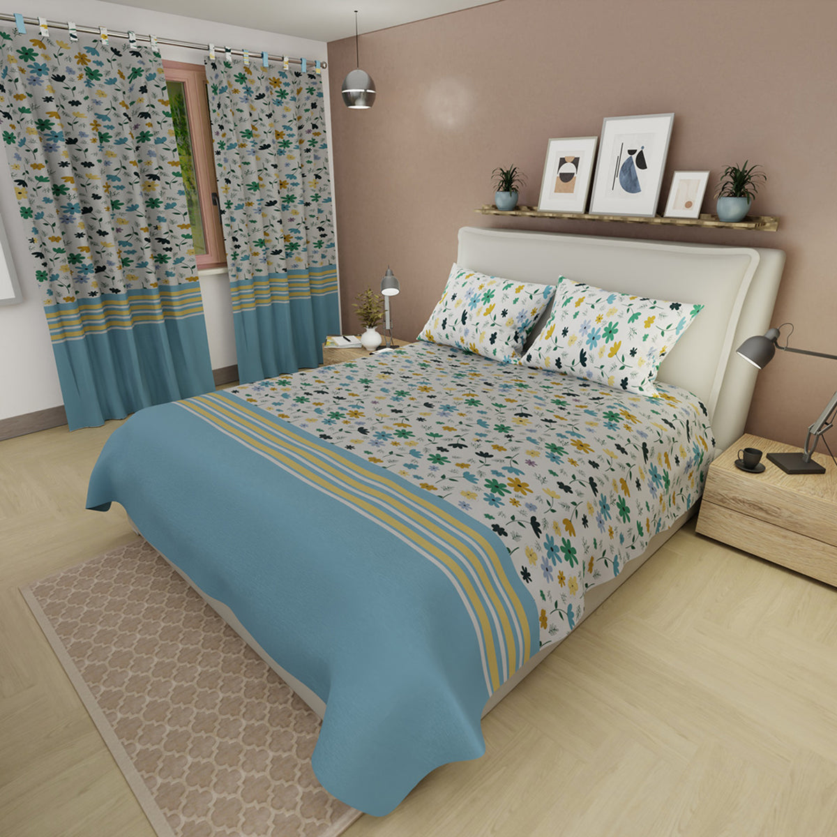 Juego de sábanas Aroma de Flores queen azul cielo 160x190 cm microfibra