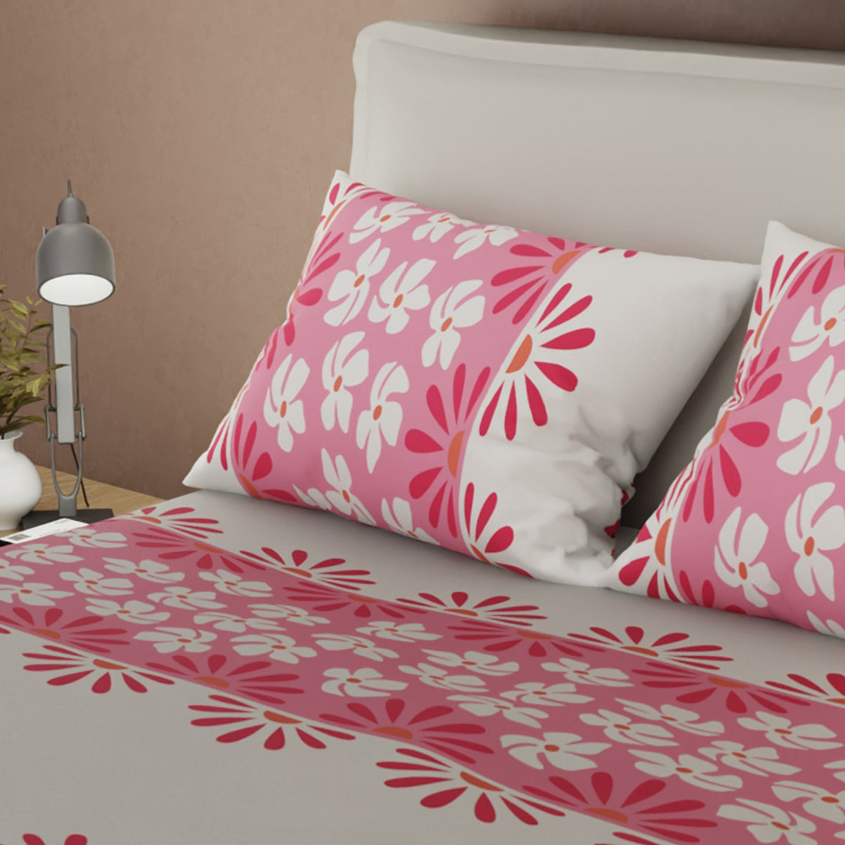 Juego de sábanas Floralia semidoble gris y rosa en microfibra 120x190 cm