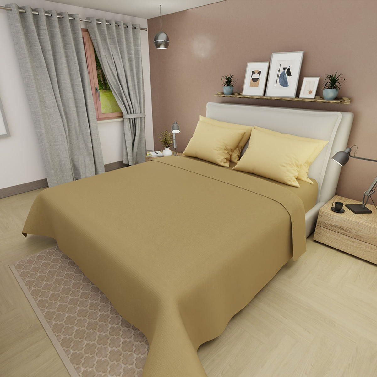 Juego de sábanas para cama doble dorado 140x190 cm en poliéster con 4 fundas