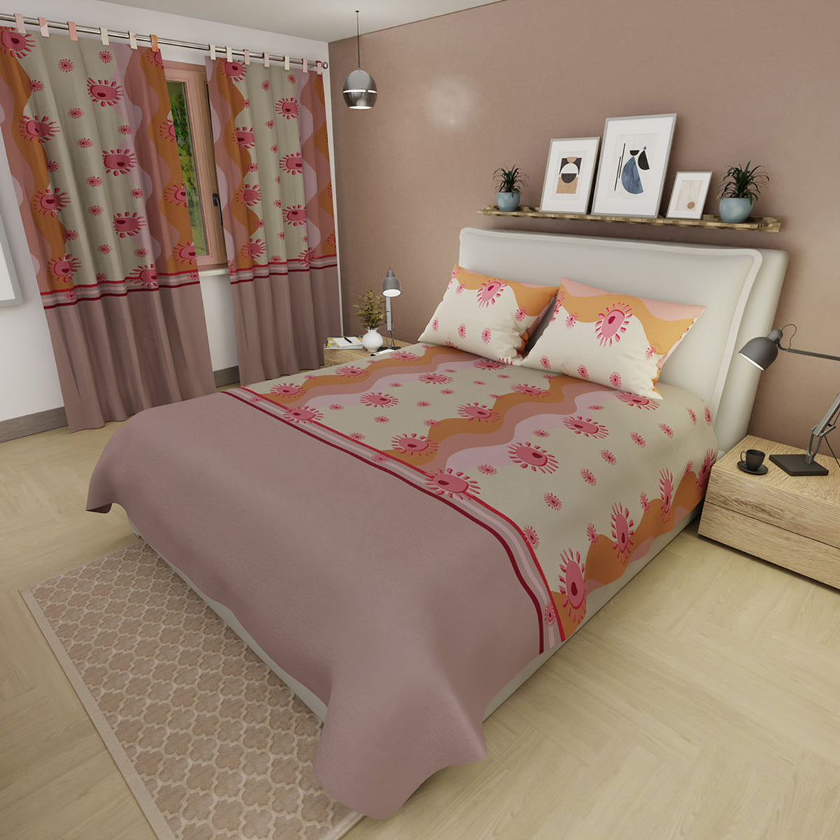 Juego de sábanas Onda Retro para cama doble beige y malva en microfibra 140x190 cm
