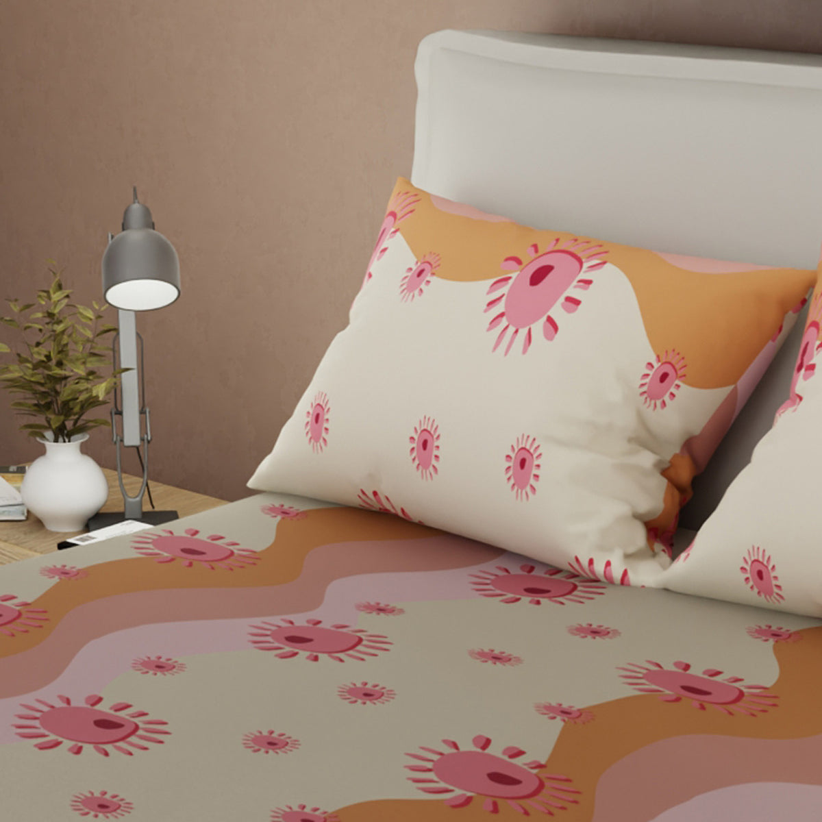 Juego de sábanas Onda Retro para cama doble beige y malva en microfibra 140x190 cm