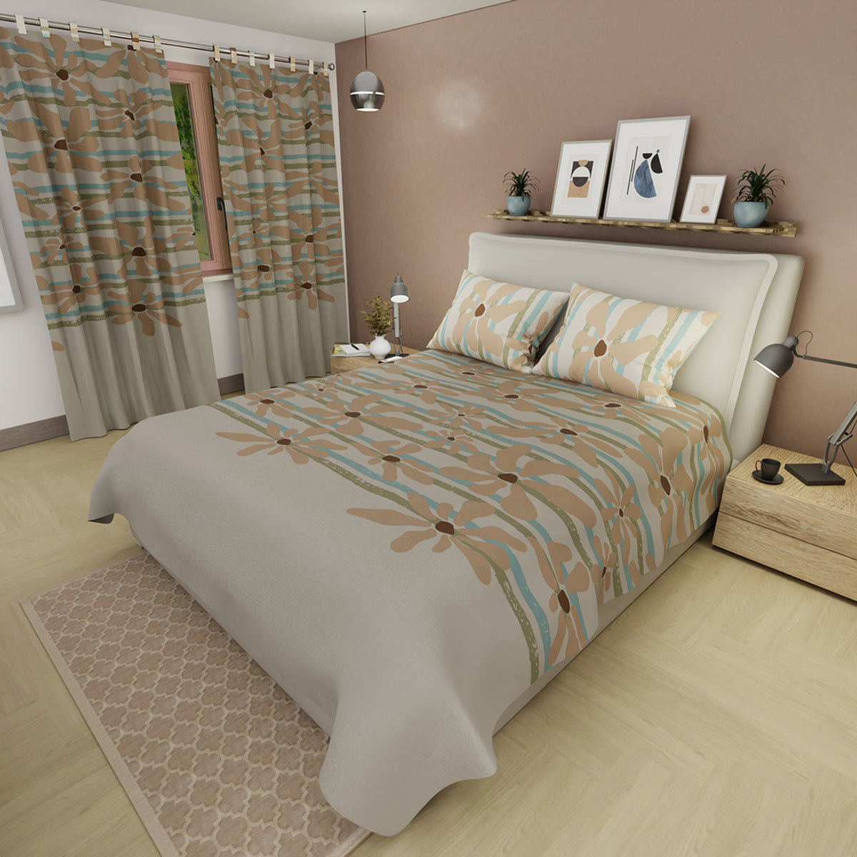 Juego de sábanas Coral Bloom para cama doble beige en microfibra 140x190 cm