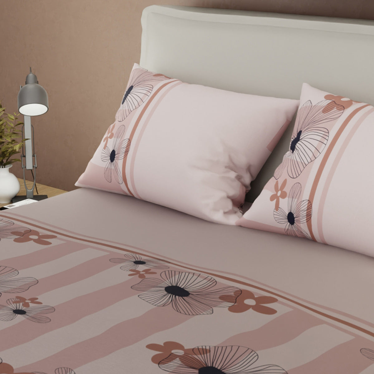 Juego de sábanas Delicate Line Flower para cama doble palo de rosa en microfibra 140x190 cm