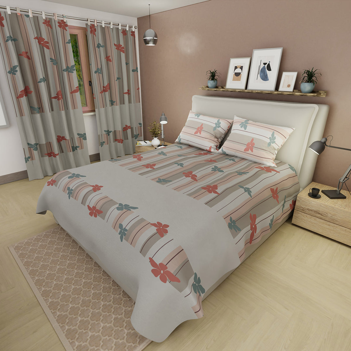 Juego de sábanas Franja Silvestre para cama doble gris claro y beige en microfibra 140x190 cm