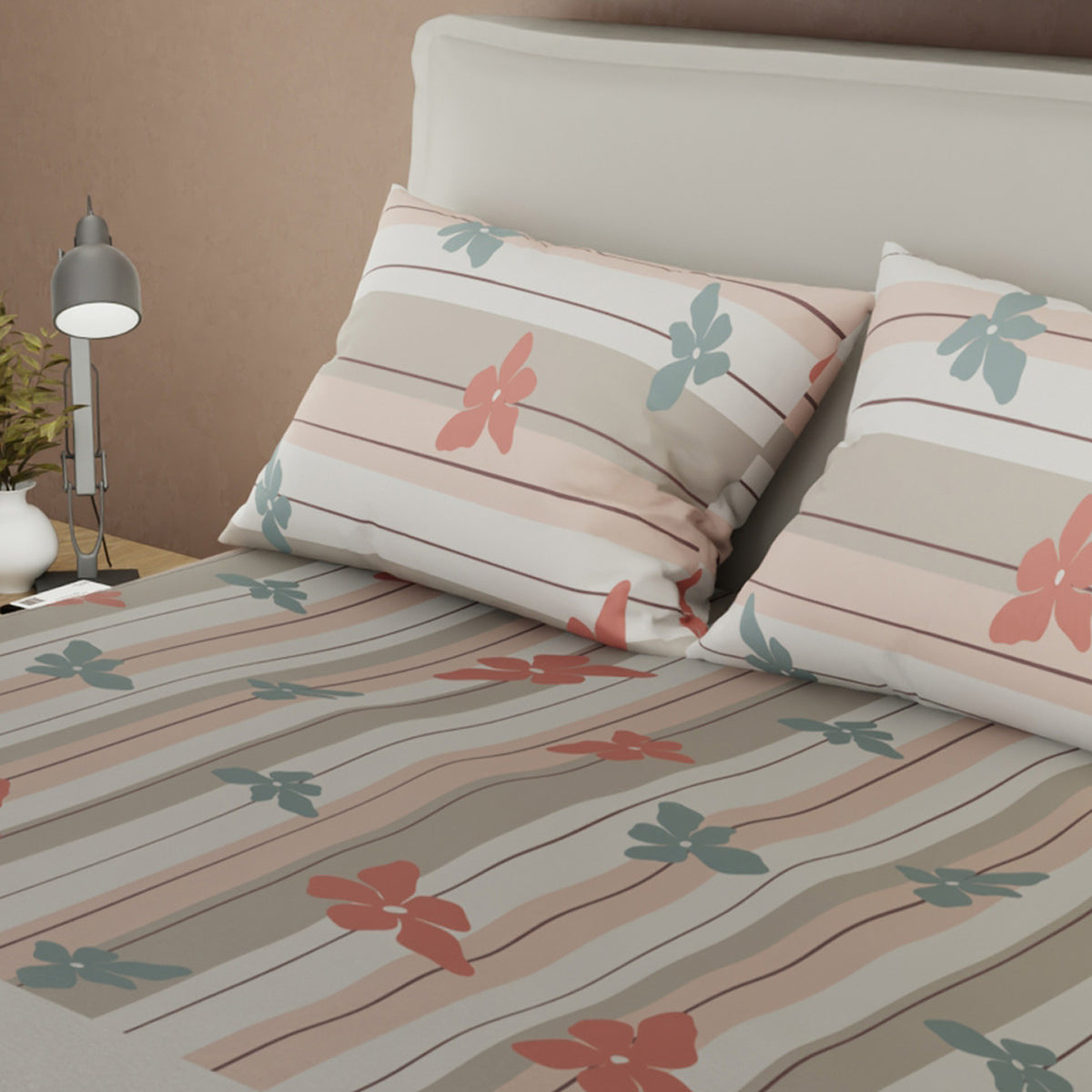 Juego de sábanas Franja Silvestre queen gris claro y beige en microfibra 160x190 cm
