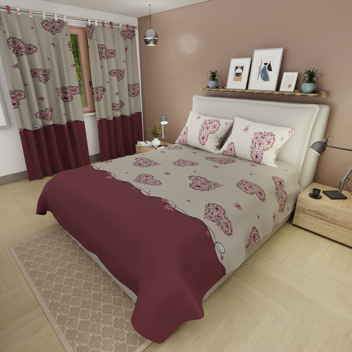 Juego de sábanas Corazón de Borgoña queen crema y burdeos en microfibra 160x190 cm