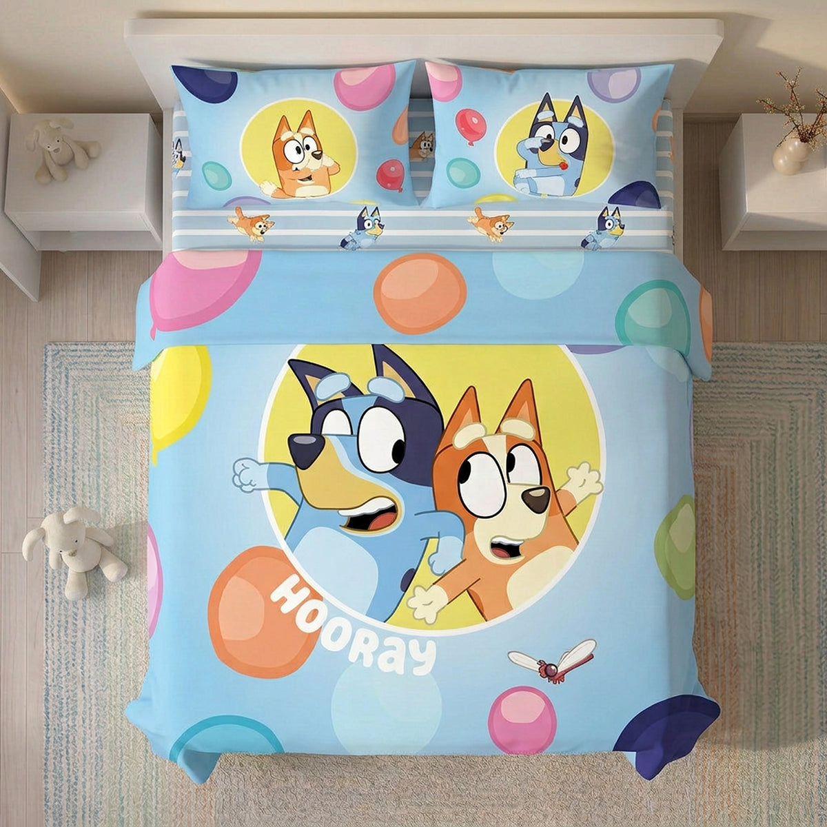 Juego de sábanas infantil azul Bluey y Bingo sencillo 100x190 cm microfibra