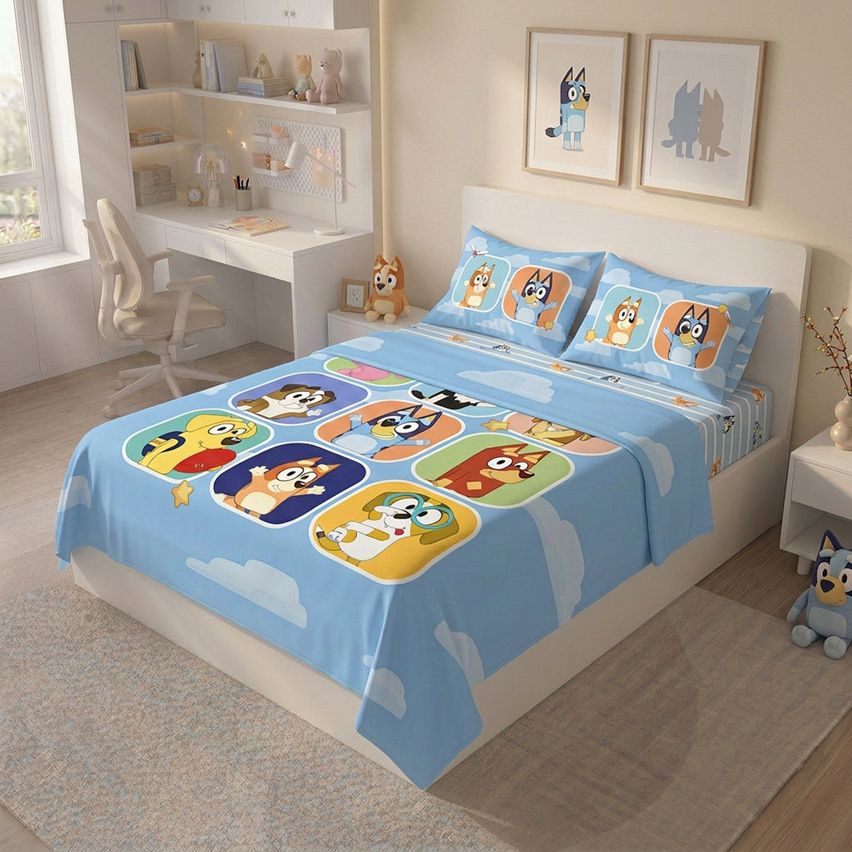 Juego de sábanas azul Bluey y Amigos semidoble 120x190 cm en microfibra