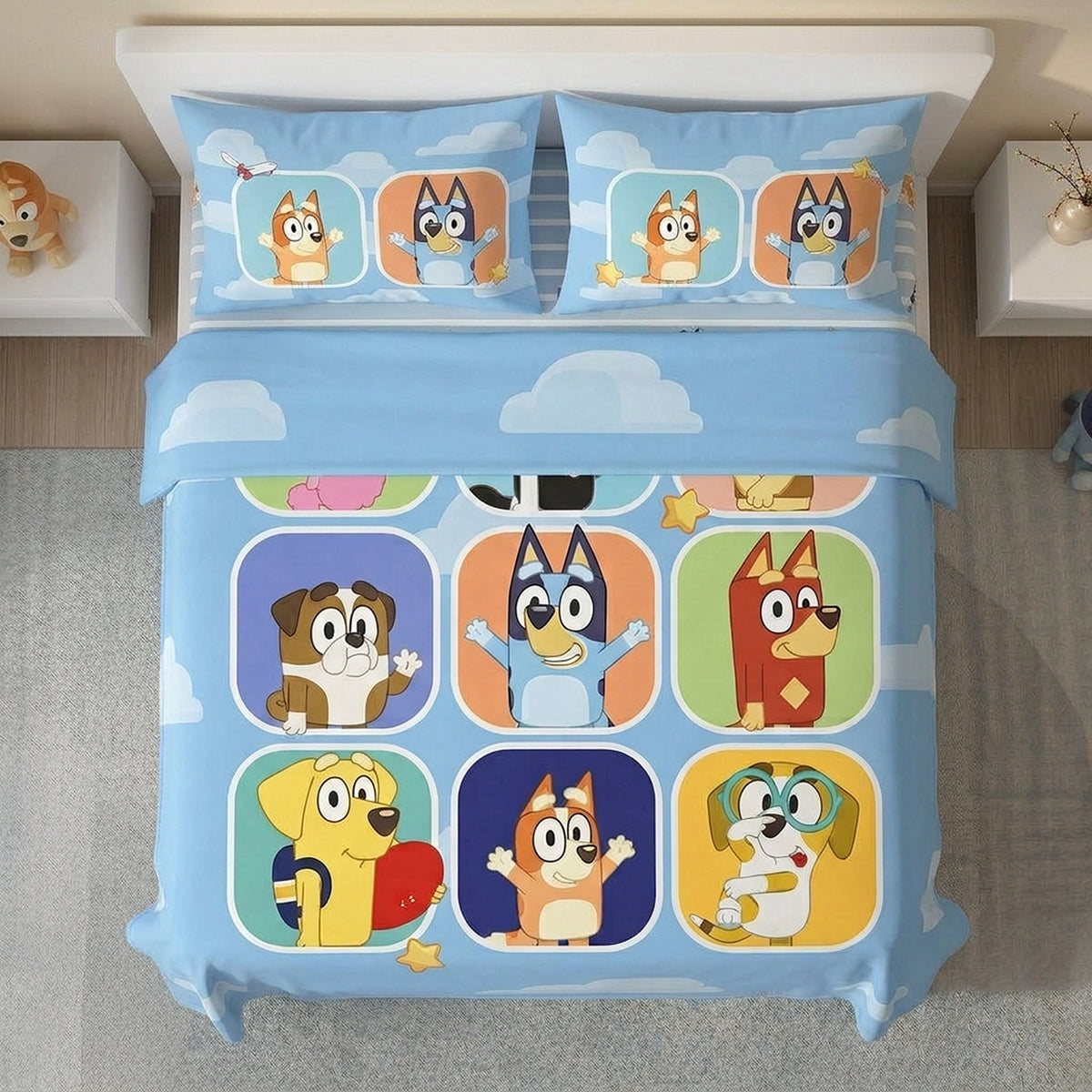 Juego de sábanas azul Bluey y Amigos semidoble 120x190 cm en microfibra
