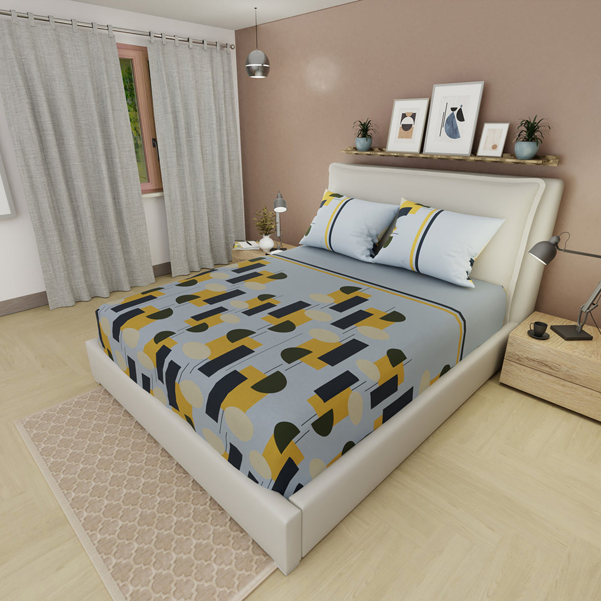Sábana ajustable Natura Metro Lines para cama doble azul grisáceo en microfibra 140x190 cm