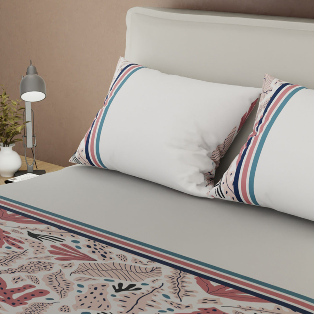 Sábana ajustable Romantic Due para cama doble gris y palo de rosa en microfibra 140x190 cm