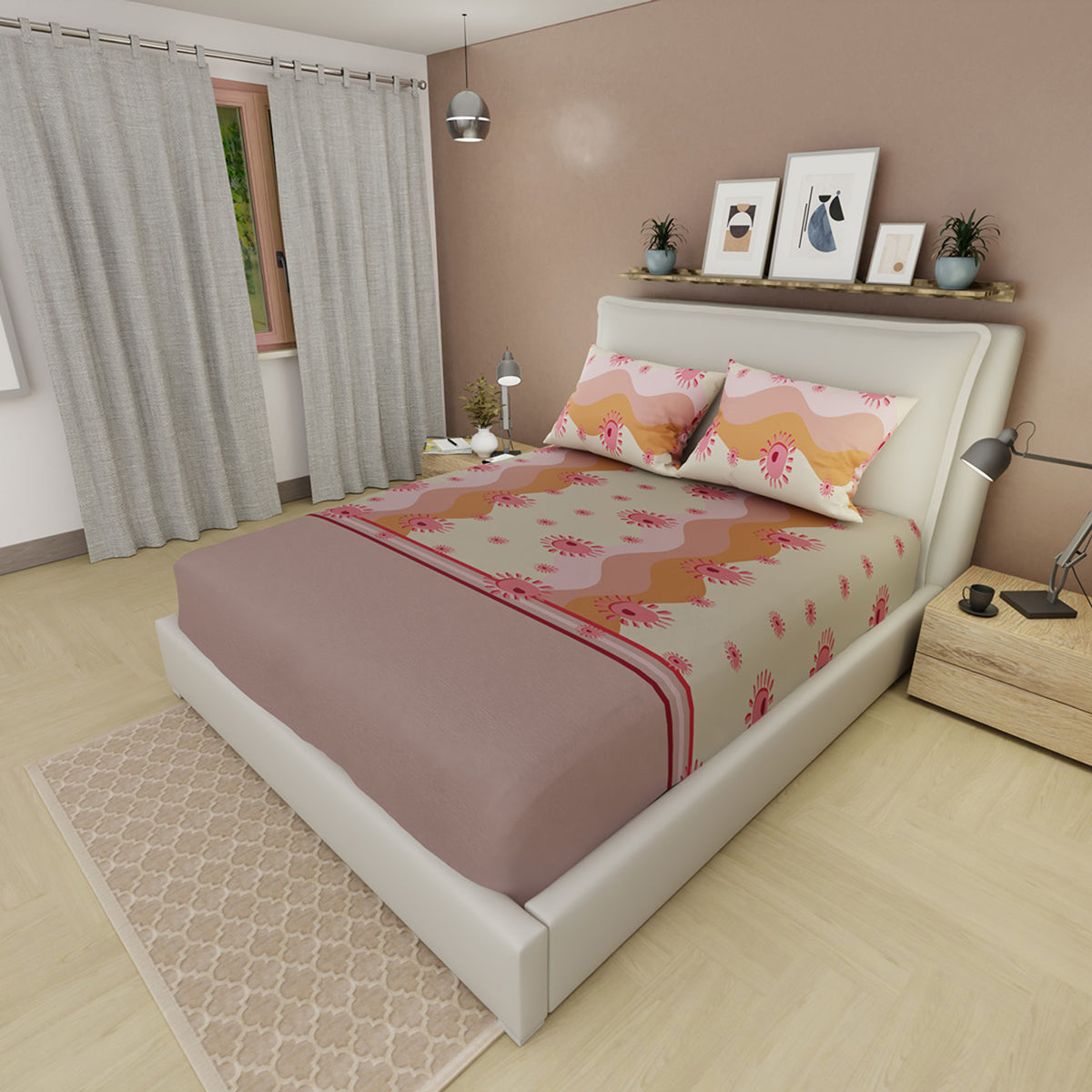 Sábana ajustable Onda Retro para cama doble malva en microfibra 140x190 cm