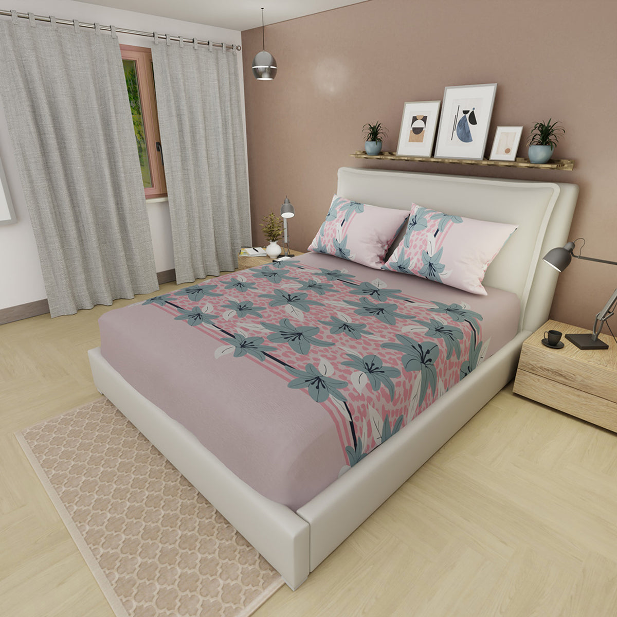Sábana ajustable Galería Neutra para cama doble lila estampada en microfibra 140x190 cm