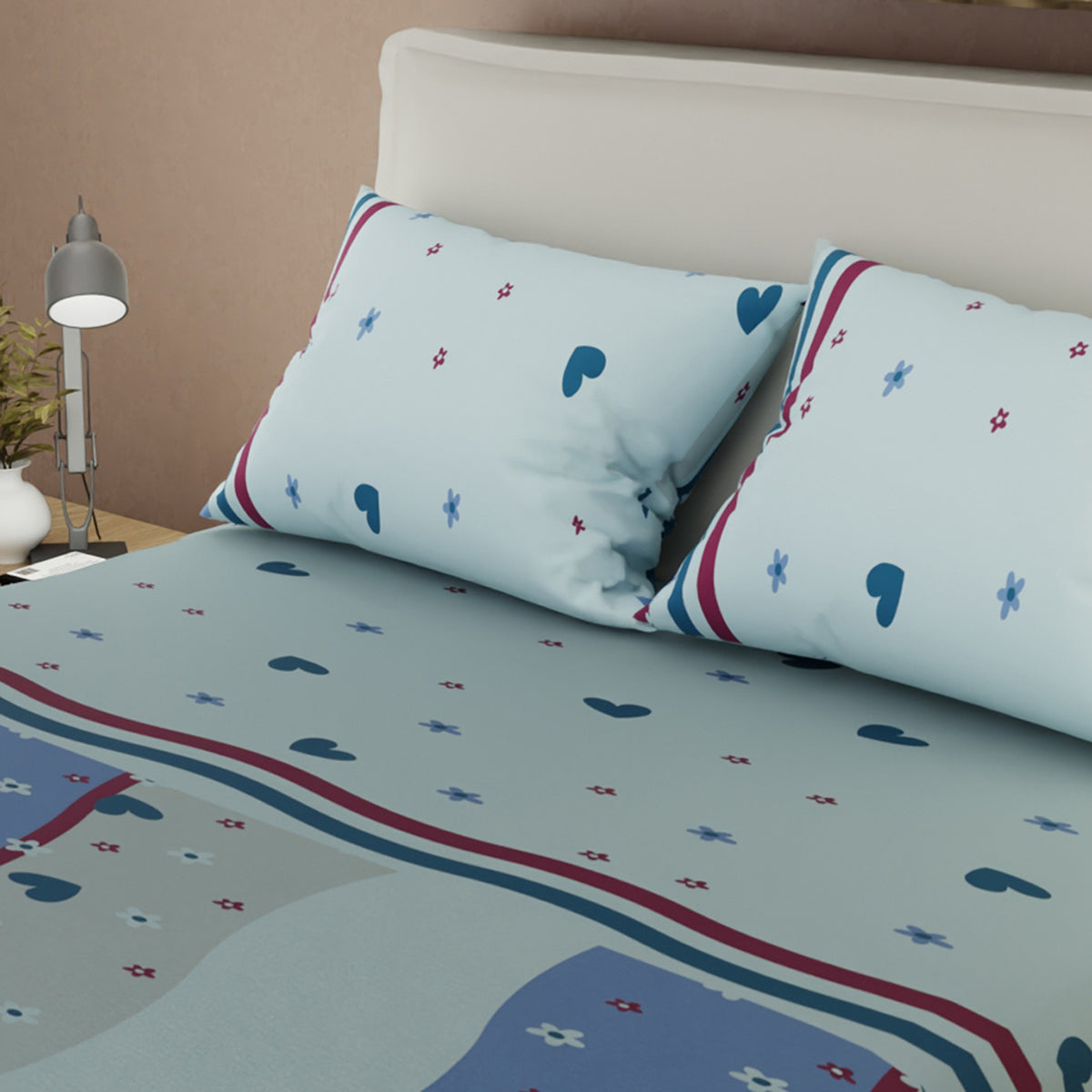 Sábana ajustable Marea Romántica para cama doble azul grisáceo en microfibra 140x190 cm