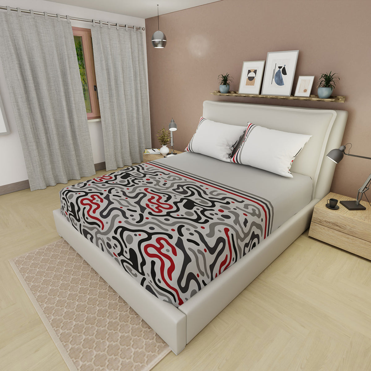 Sábana ajustable Tinta Escarlata para cama doble gris y roja en microfibra 140x190 cm con fundas