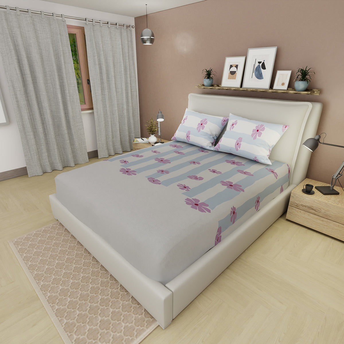 Sábana ajustable Oasis para cama doble gris y azul en microfibra 140x190 cm