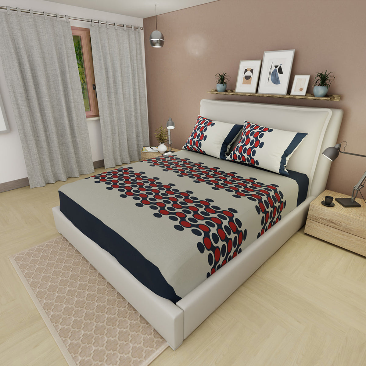 Sábana ajustable Esferas para cama doble gris y azul en microfibra 140x190 cm con fundas