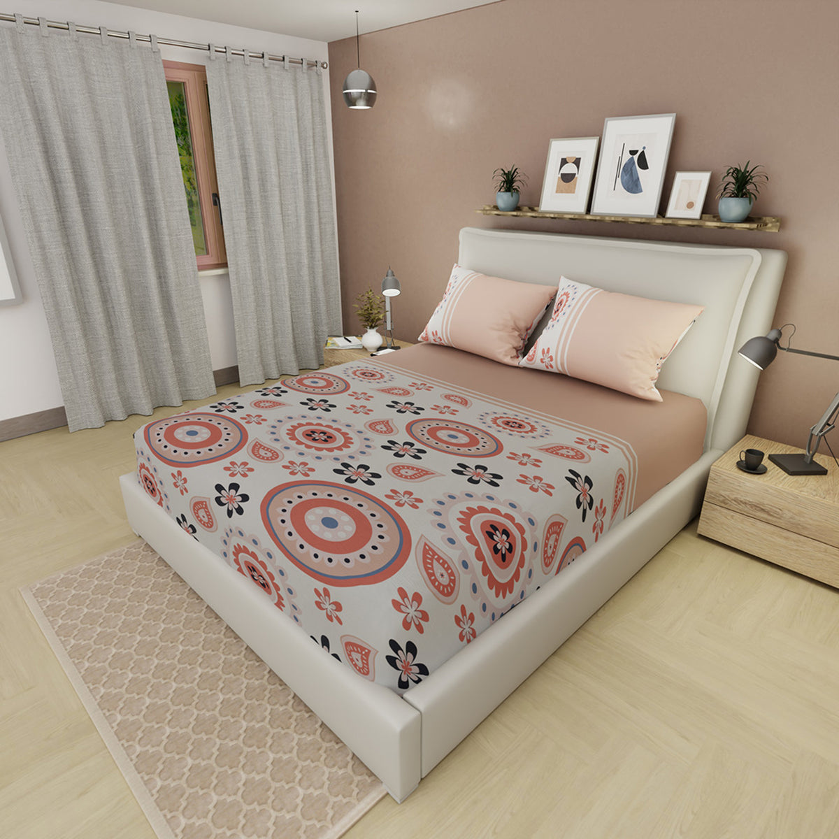 Sábana ajustable Trazo Mandalas para cama doble durazno y gris en microfibra 140x190 cm