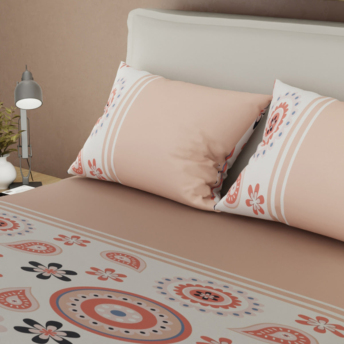 Sábana ajustable Trazo Mandalas para cama doble durazno y gris en microfibra 140x190 cm