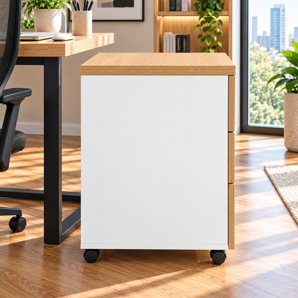 Archivador de oficina castaño y blanco 3 cajones con ruedas 40x60 cm