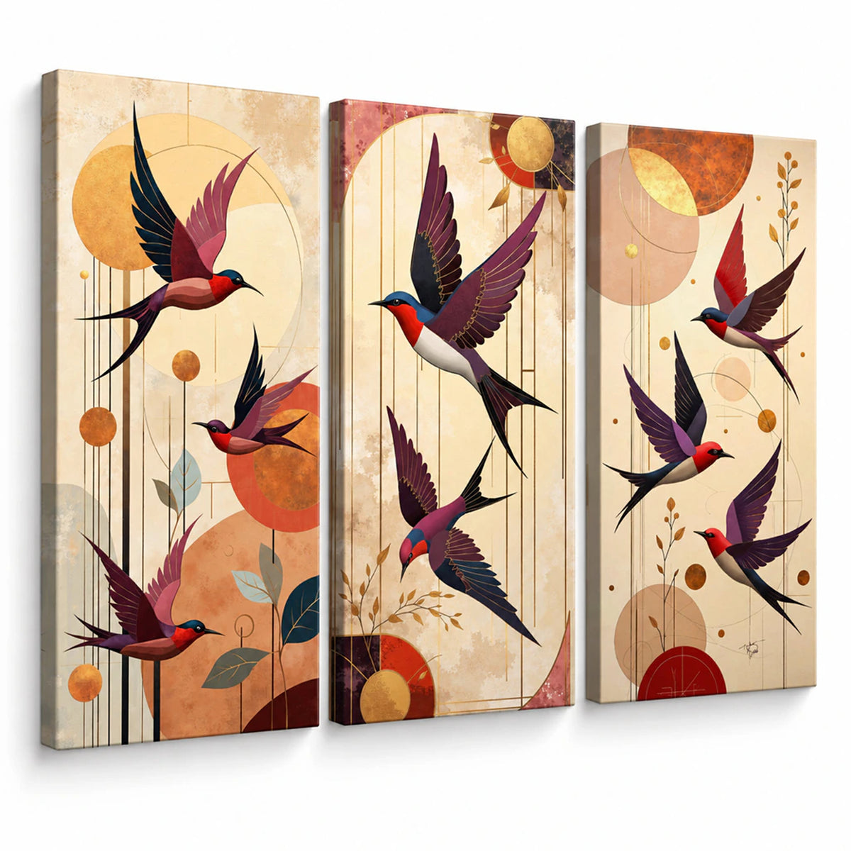 Lienzo Tríptico Cuadros Decorativos Golondrinas Geométricas 34x72cm cu