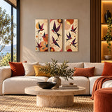 Lienzo Tríptico Cuadros Decorativos Golondrinas Geométricas 34x72cm cu