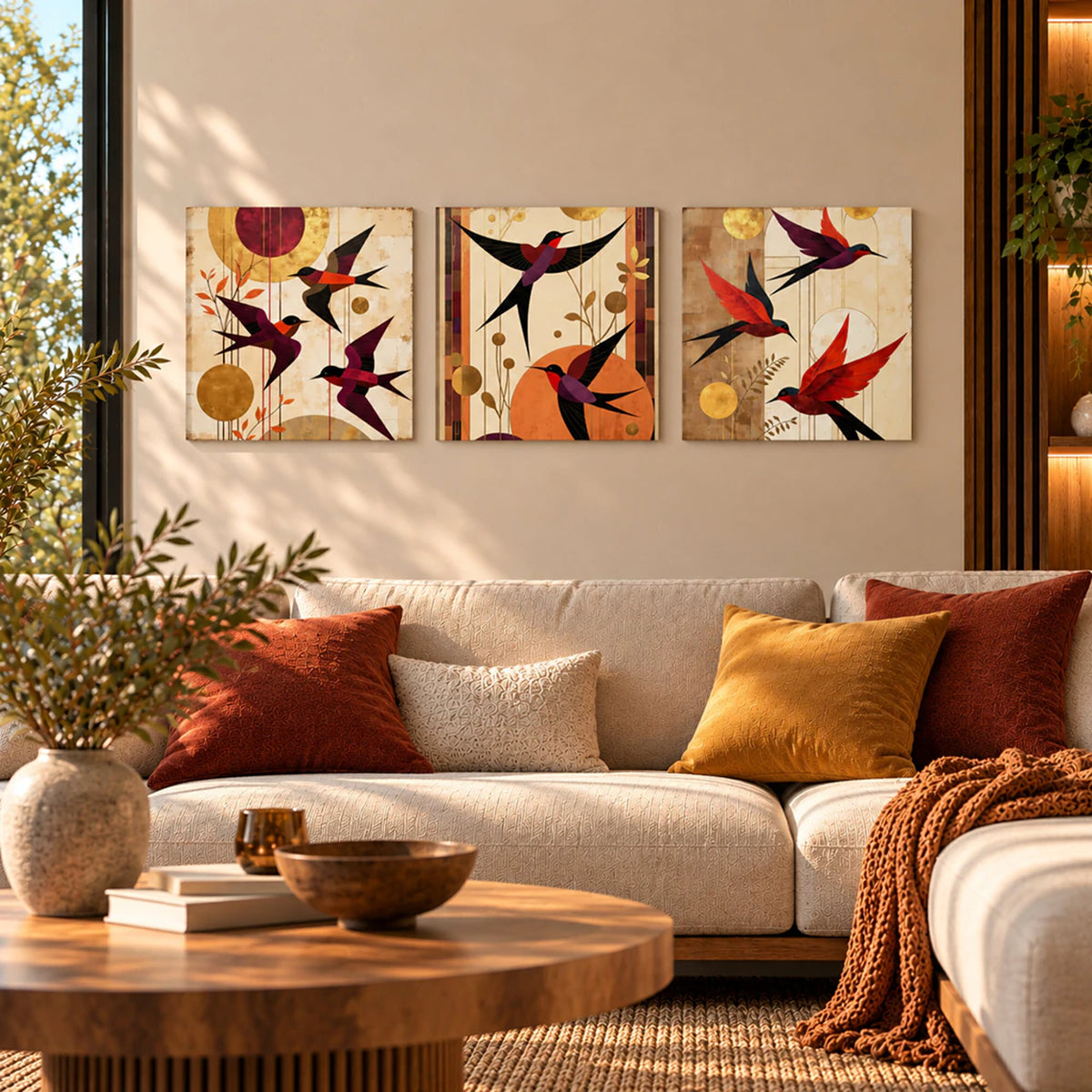 Lienzo Tríptico Cuadros Decorativos Vuelo de Golondrinas Abstractas Tonos Tierra 34x34cm cu