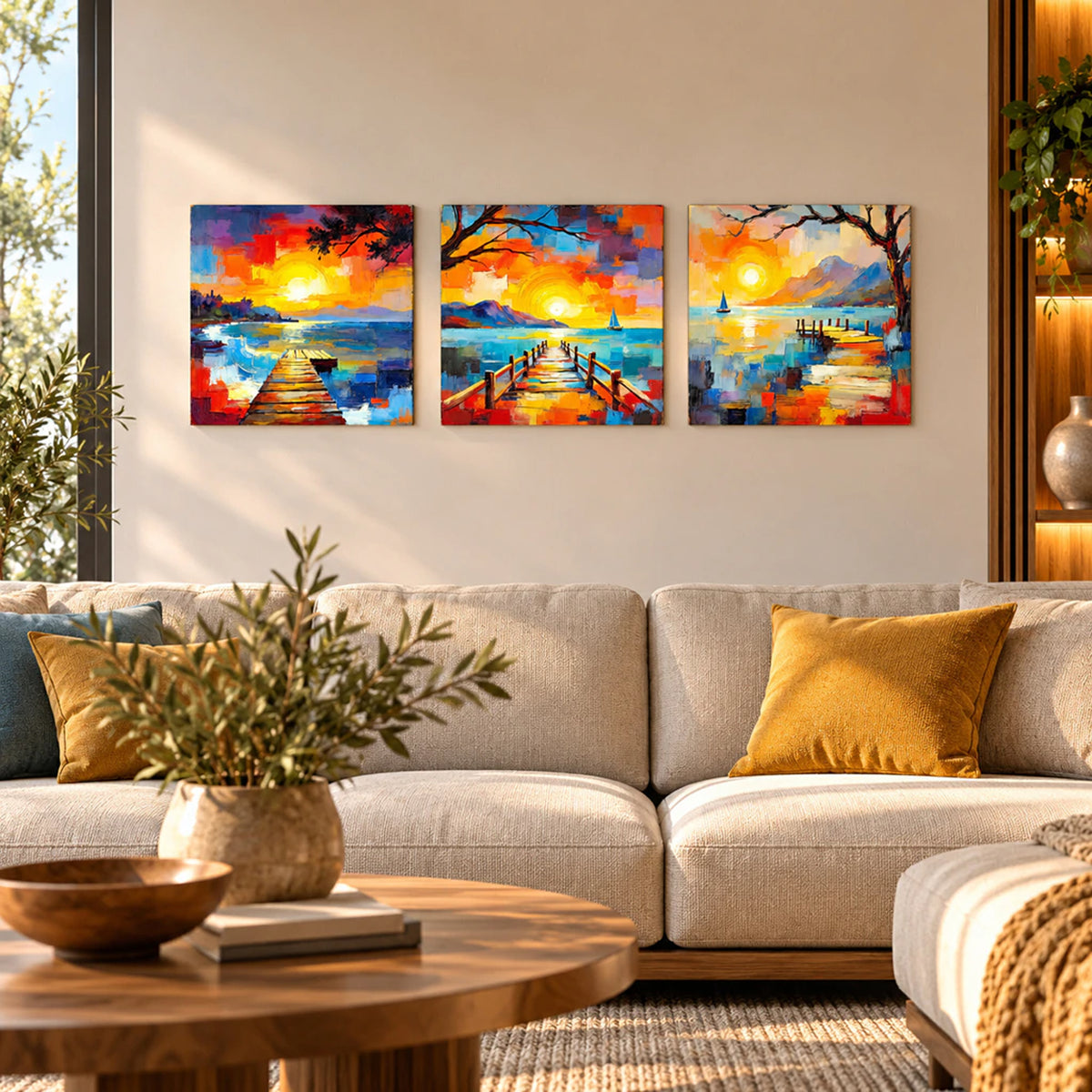 Lienzo Impreso Tríptico Cuadros Atardecer en la Playa Estilo Pintura 34x34cm cu