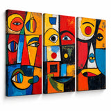 Lienzo Tríptico Cuadros Estilo Cubista Arte Abstracto Colorido 34x72 cu