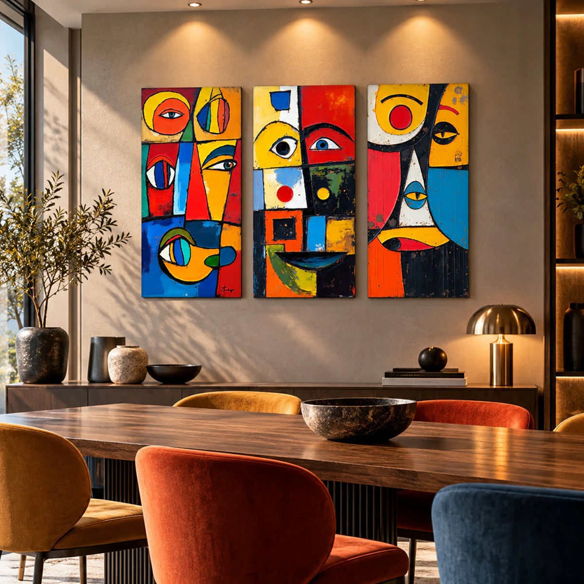 Lienzo Tríptico Cuadros Estilo Cubista Arte Abstracto Colorido 34x72 cu