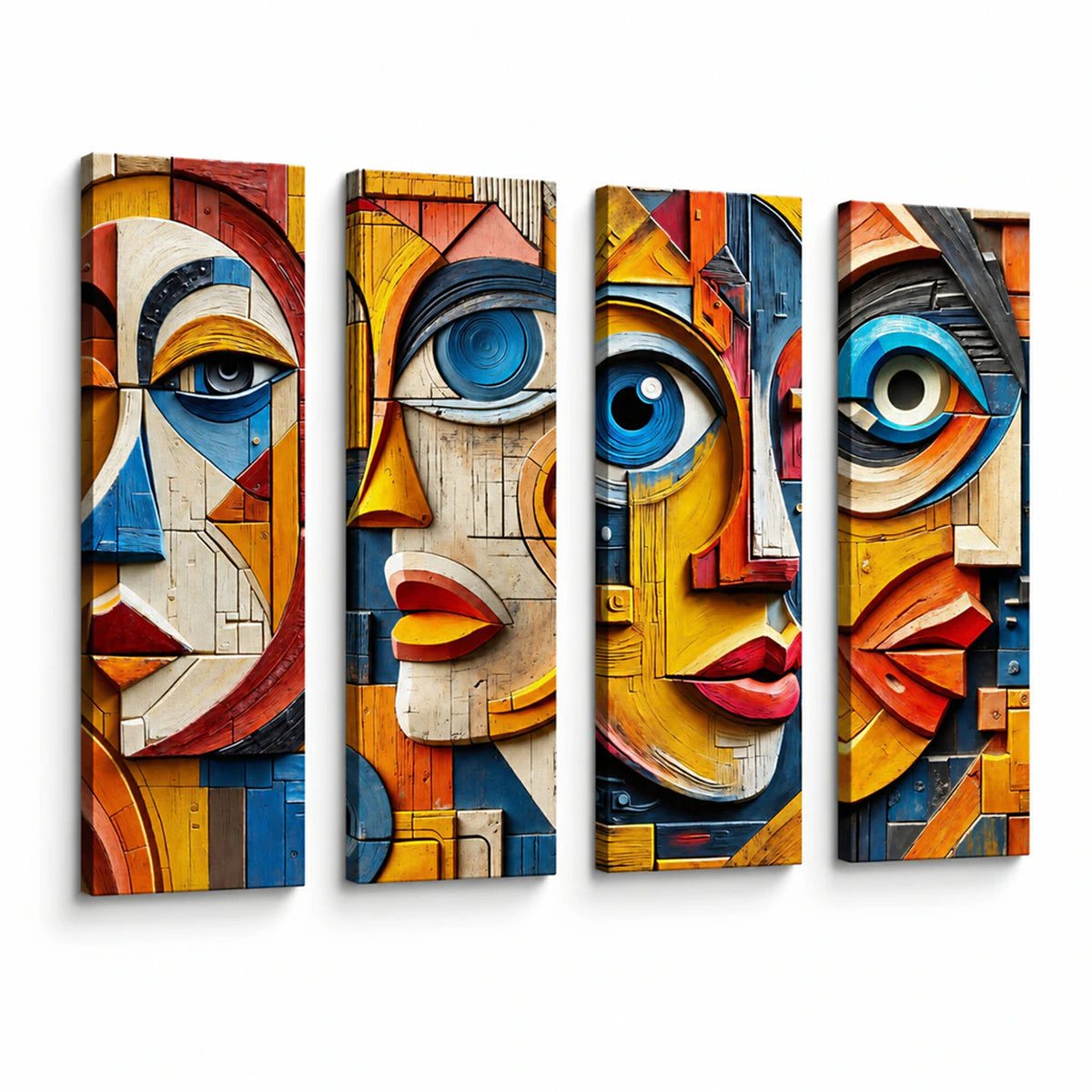 Lienzo Set 4 Cuadros Decorativos Rostros Abstractos Efecto Relieve 18x60cm cu