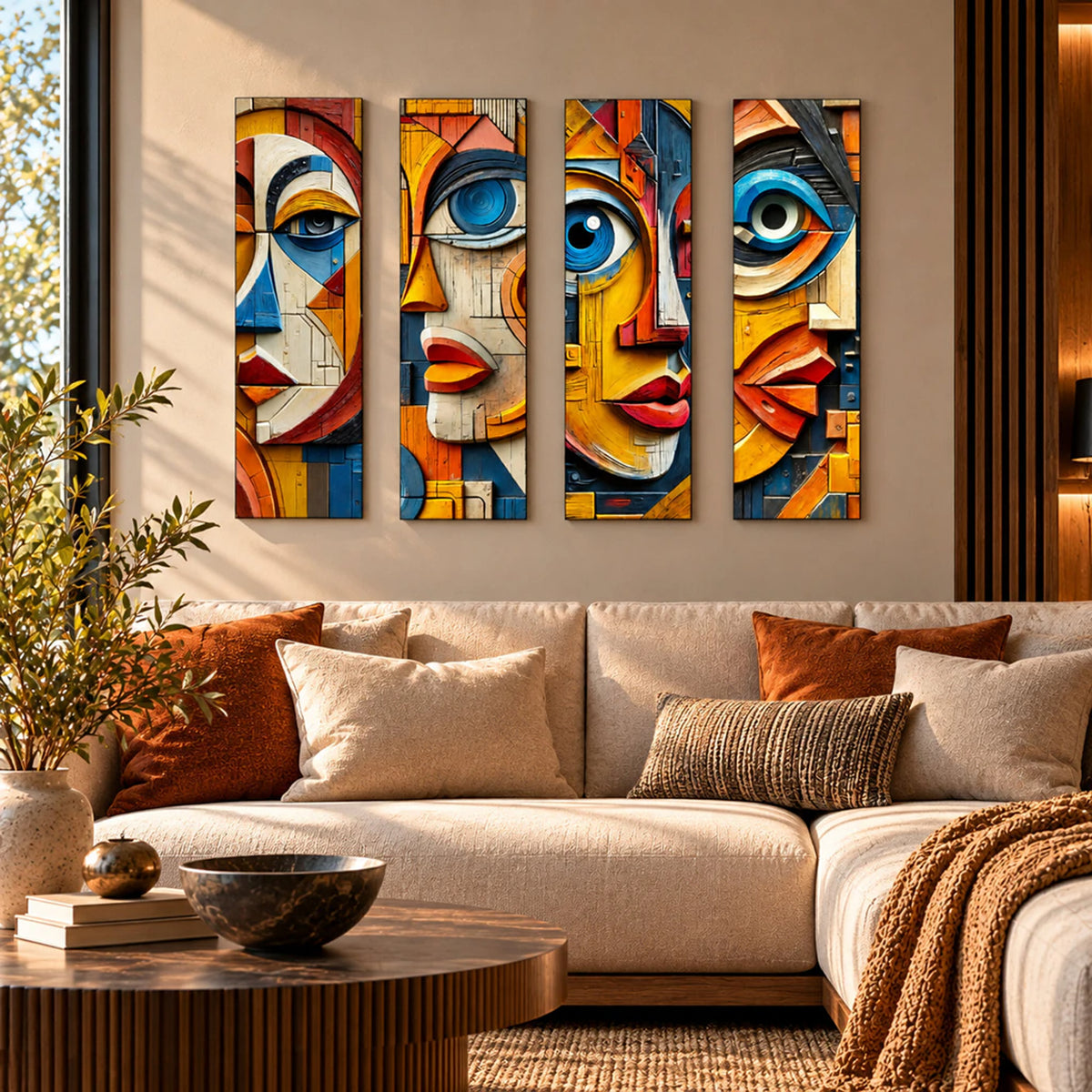 Lienzo Set 4 Cuadros Decorativos Rostros Abstractos Efecto Relieve 18x60cm cu