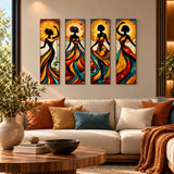Lienzo Set 4 Cuadros Decorativos Siluetas Femeninas Arte Vitral 18x60cm cu