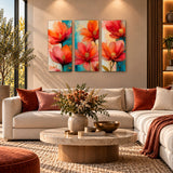Lienzo Tríptico Cuadros Decorativos Verano Floral Naranja Azul 34x72cm cu