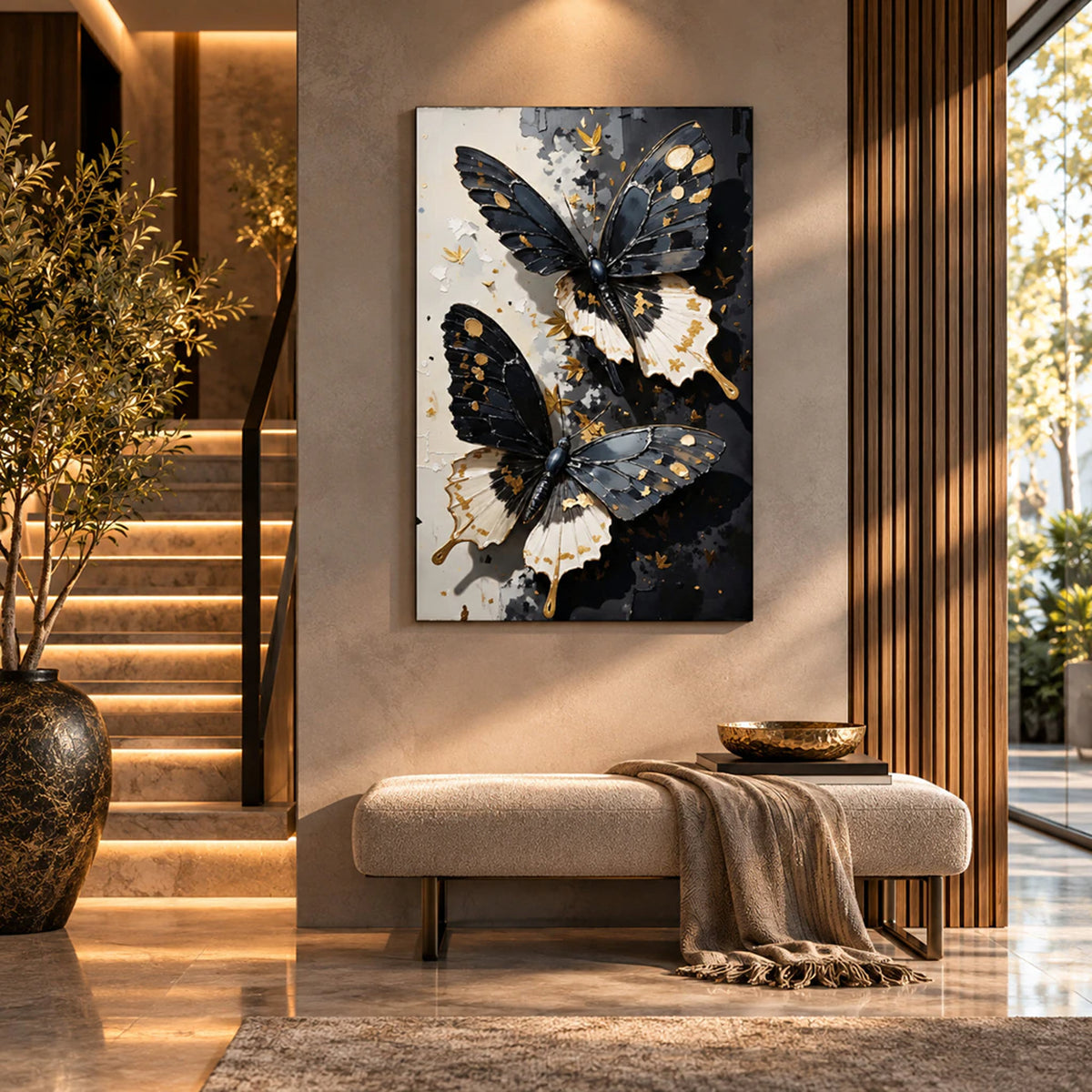 Lienzo Cuadro Decorativo Mariposas de Lujo Blanco y Negro 93x60cm