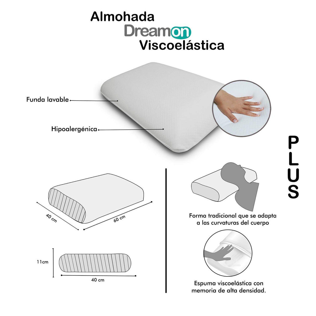 Almohada DreamOn Espuma viscoelástica Blanca 60 cm Plus Tradicional