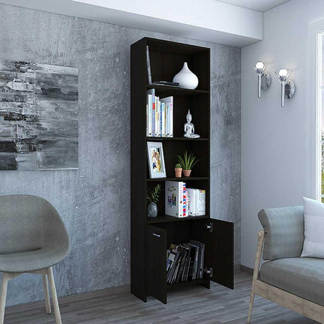 Biblioteca Lisa Wengue 63x180cm con Cuatro Compartimientos y con Un Cajón