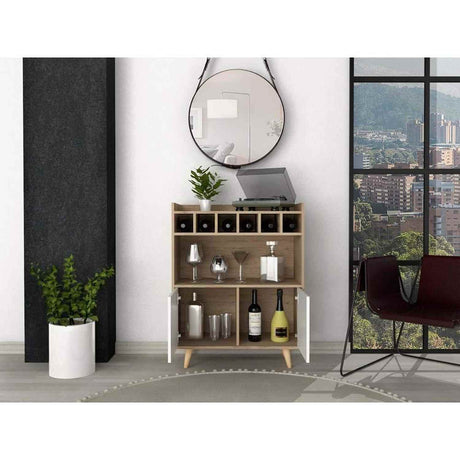 Bar Bora Rovere y Blanco 78.4x100cm con Tres Compartimientos y con Seis Portabotellas - Bares | Bylmo