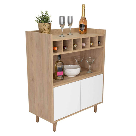 Bar Bora Rovere y Blanco 78.4x100cm con Tres Compartimientos y con Seis Portabotellas - Bares | Bylmo