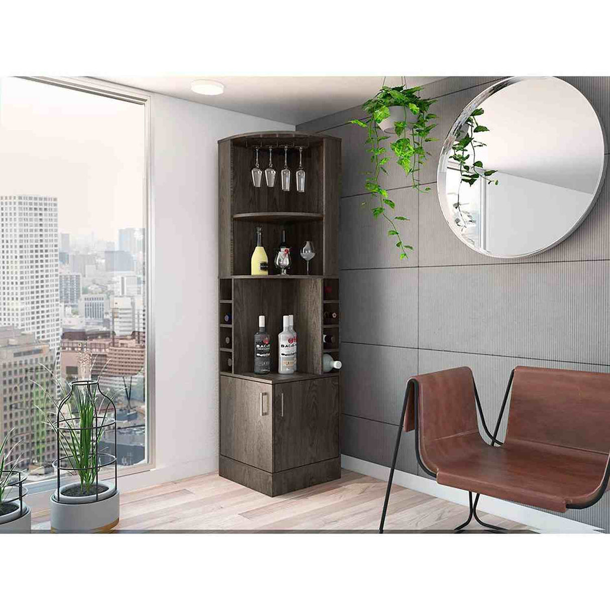 Bar Esquinero Esquinero Syrah Coñac 46.9x180.6cm con Un Cajón y con Ocho Portabotellas - Bares | Bylmo