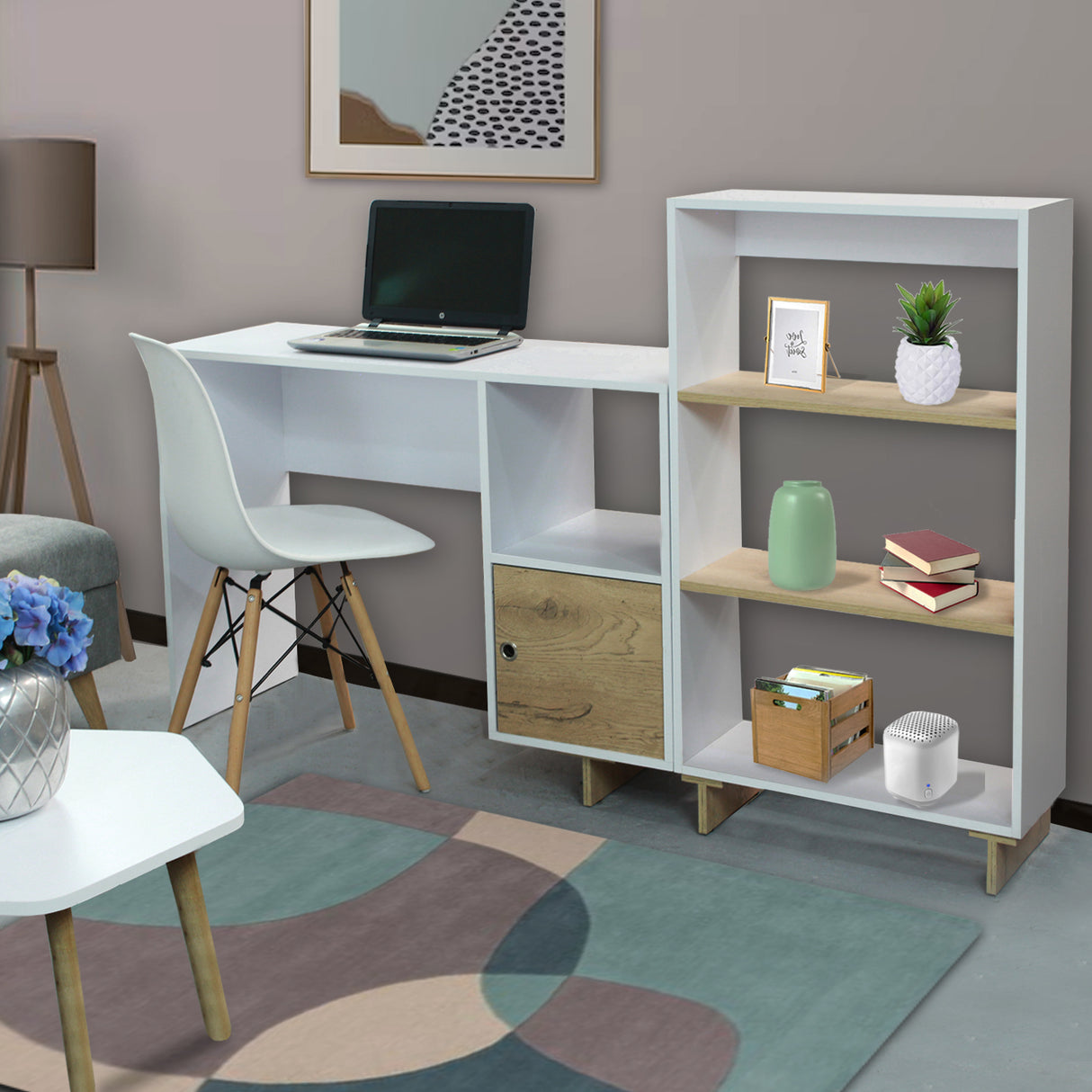 Combo Sofá Baúl Chaise Long Gris 163 cm con Puff, Mesa de Centro, Escritorio y Silla - Combos Sala | Bylmo