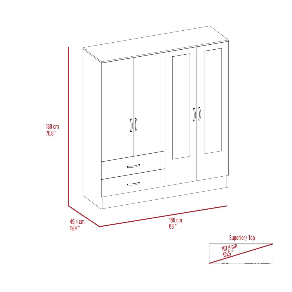 Closet Bolton Wengue 120x180.6cm con 2 Cajones con 4 Entrepaños con Espejo