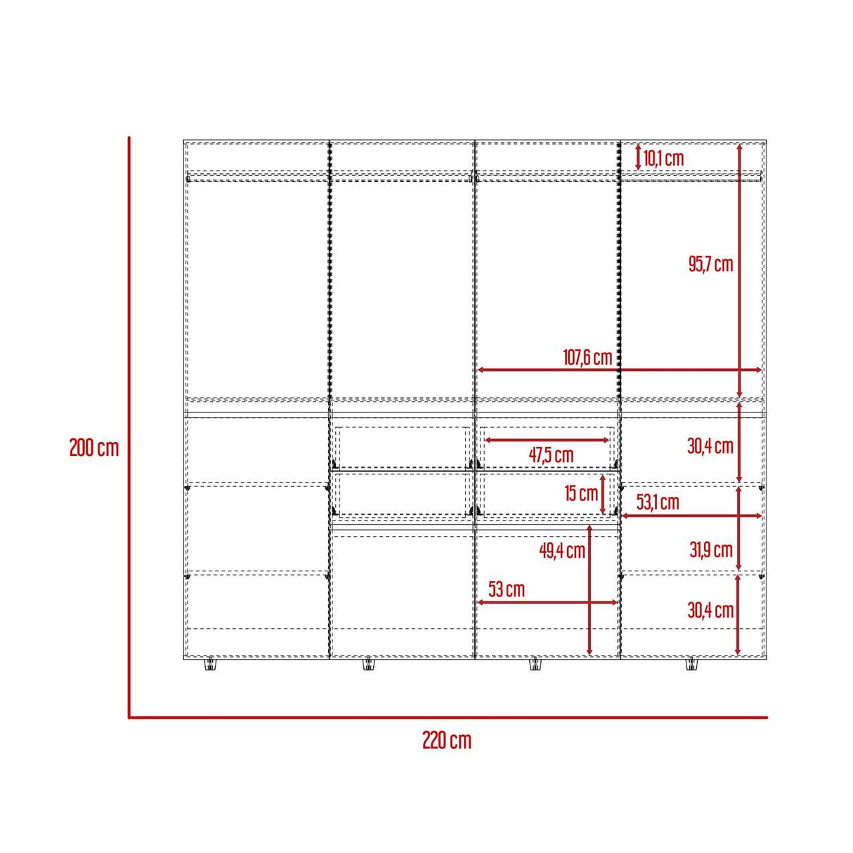 Closet Siruela Duna 220 cm con Cuatro Cajones, Ocho Puertas y Colgadero de Ropa - Closets | Bylmo