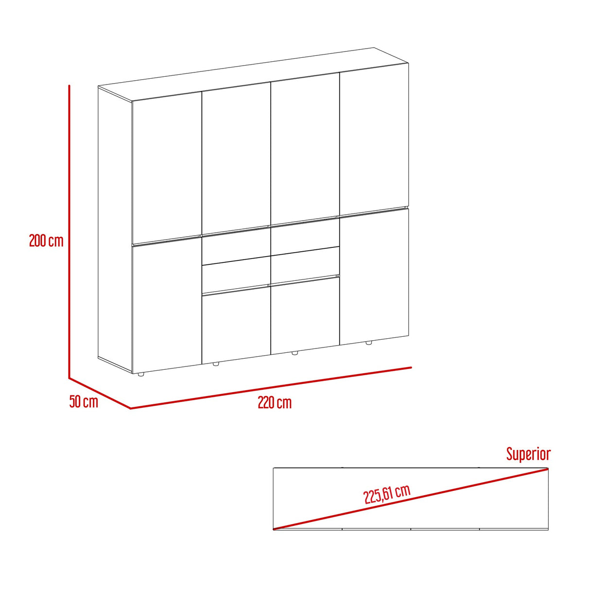 Closet Siruela Duna 220 cm con Cuatro Cajones, Ocho Puertas y Colgadero de Ropa - Closets | Bylmo