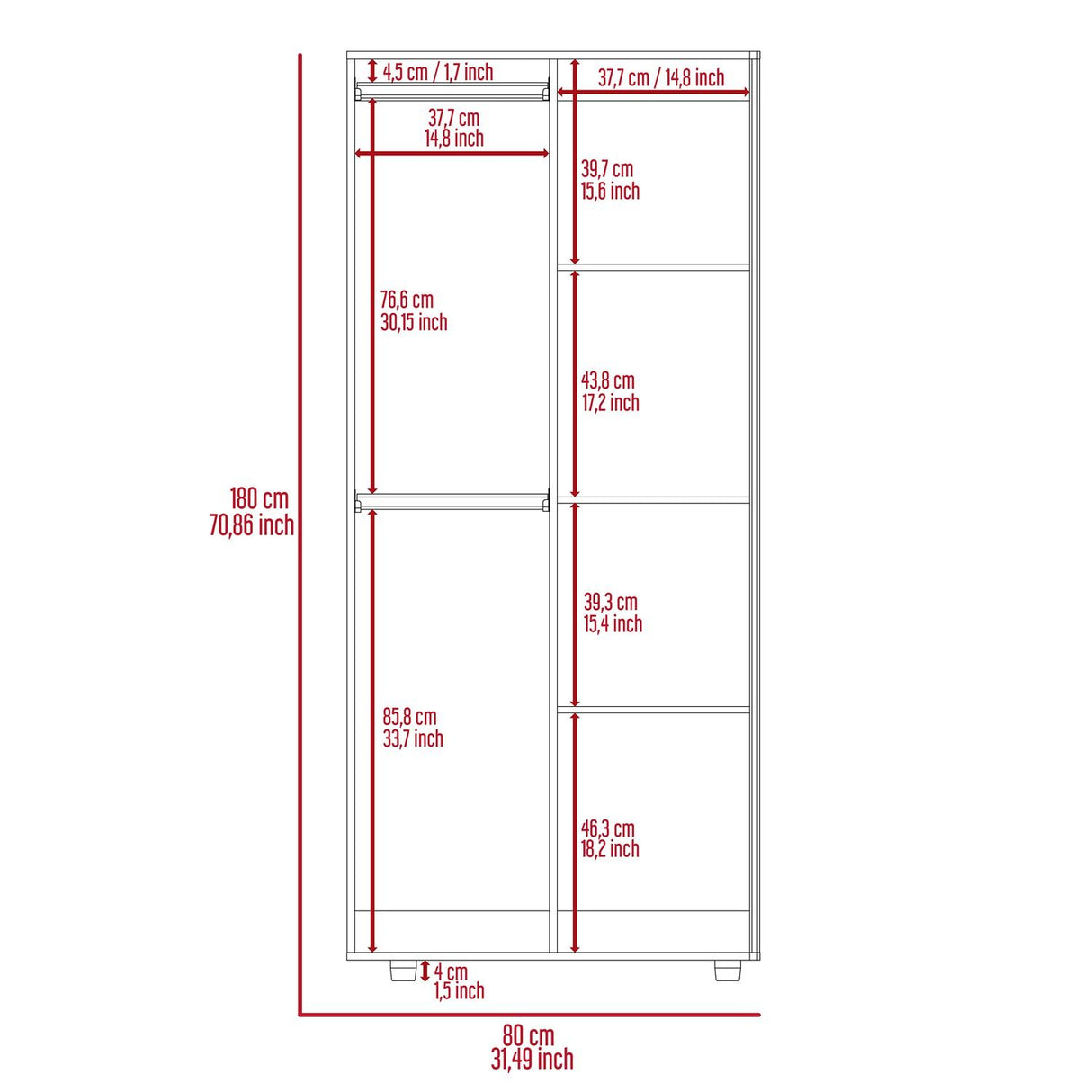 Closet Tera Rovere 80x180cm sin Cajones con 3 Entrepaños - Closets | Bylmo