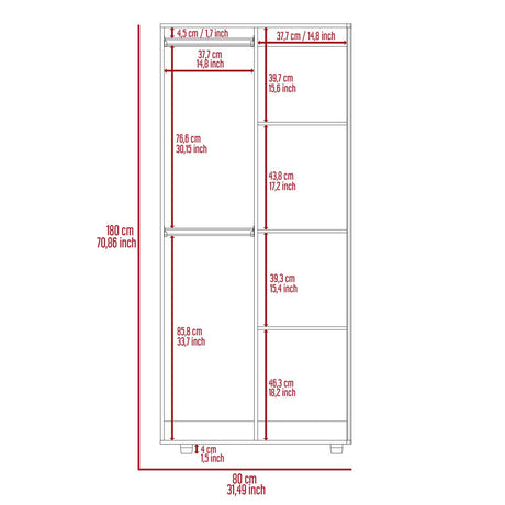 Closet Tera Rovere 80x180cm sin Cajones con 3 Entrepaños - Closets | Bylmo