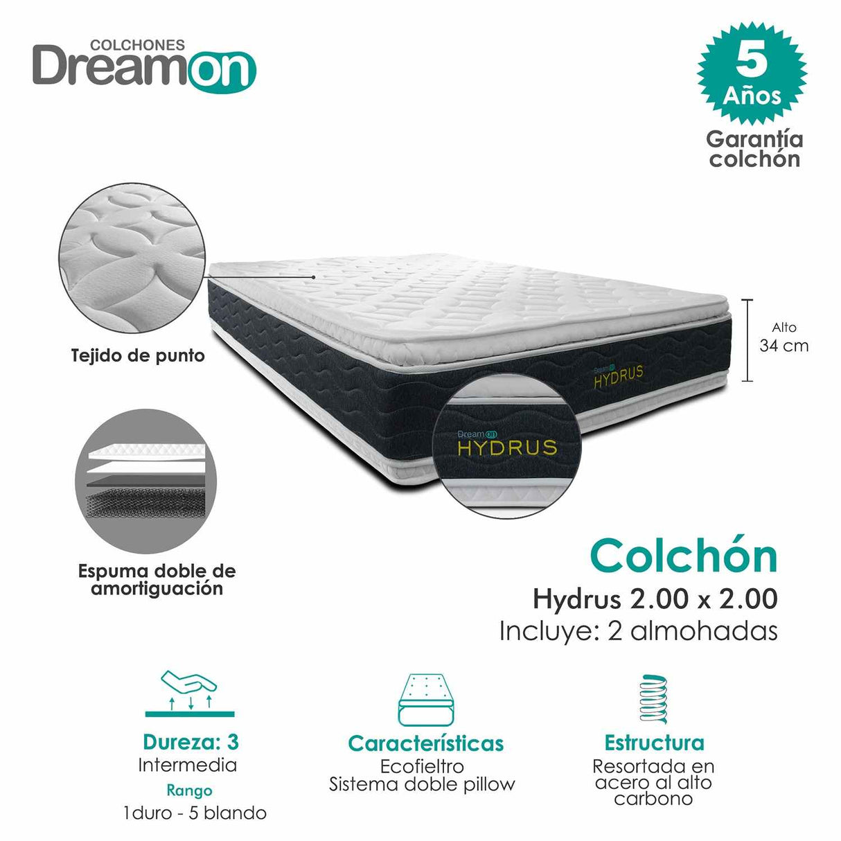 Combo Colchón Hydrus Blanco King 200 X 200 Cm Medio e Hipoalergénico